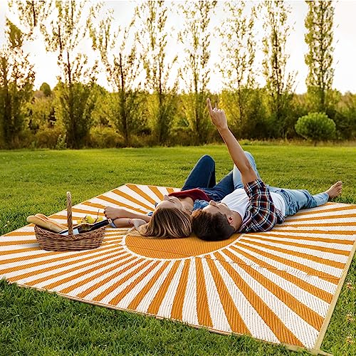 Anidaroel Outdoor Area Rugs 9x12ft Waterproof Clearance, Reversible Camping Rugs for Outside RV, Outdoor Plastic Straw Patio Rugs for Camping, Trailer, Backyard, Pool Deck, Picnic, Yellow