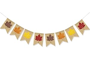Festive Fall Burlap Banner with Glittering Maple Leaf Charm
