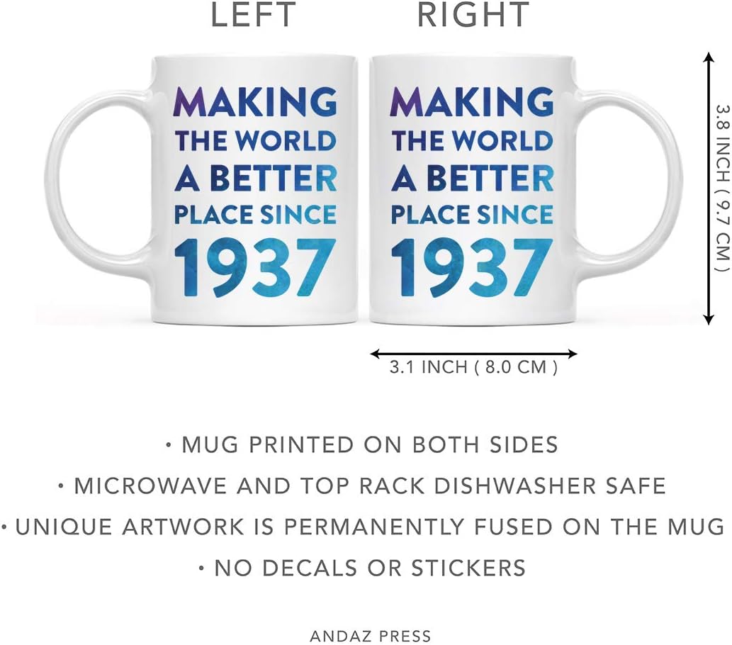 Andaz Press 11oz. Birthday Milestone Coffee Mug Gift, Making The World a Better Place Since 1937, Blue Watercolor, 1-Pack, 82nd, 83rd, 84th, 85th, Birthday, Anniversary