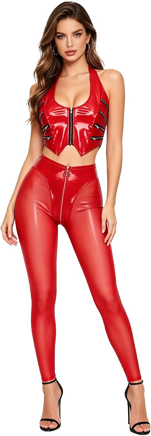 iiniim Women Latex Tights Set Teddy Two Piece Outfits Shiny Metallic Cropped Vest with Skinny Leggings for Pub