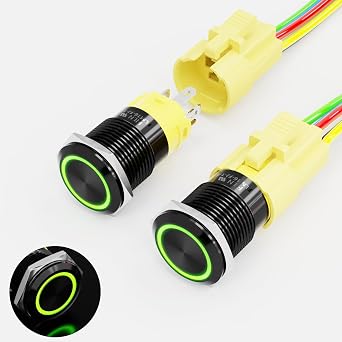 2PCS 16mm Momentary Push Button Switch 12V-24V DC IP65 Waterproof Black Shell On Off with LED Angel Eye Head Pre-Wired Socket Plug for Horn DoorbellGreen LED