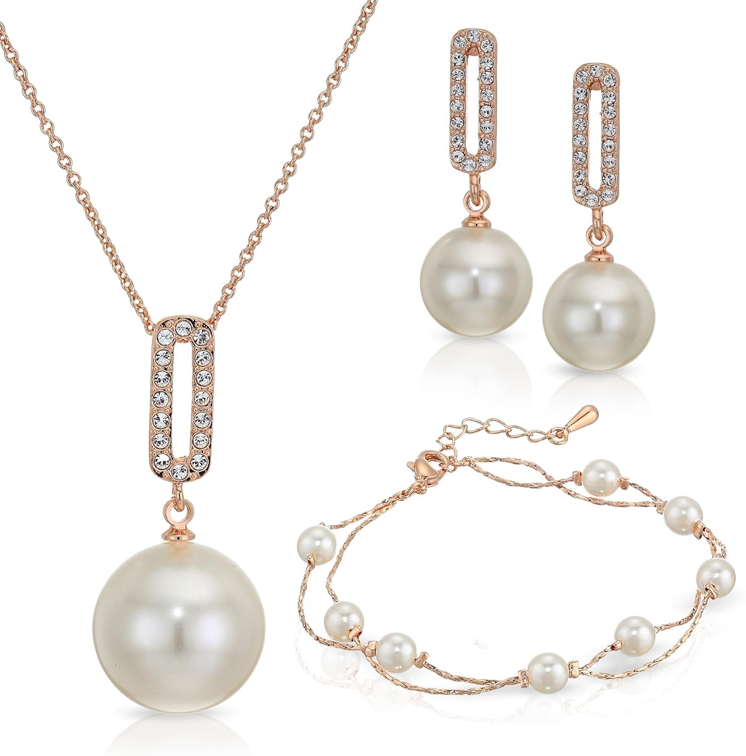 Crystalline Azuria Mujer 18ct Chapado en Oro Perlas Blancas simuladas Juego de joyas Collar Pendientes Pulsera para Mujer