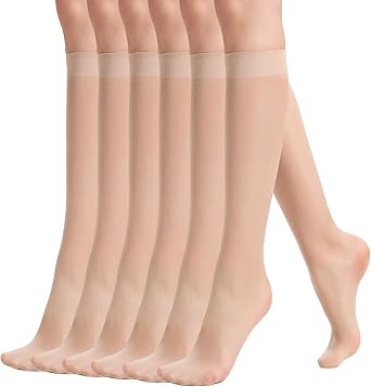 Womens 6 Pairs Knee High Sheer Tight Stockings Silky Ultra Thin Through High Elasticity Stockings Reinforced Toe