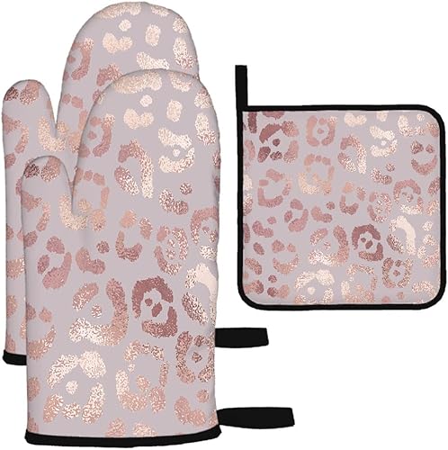 Miniatura 1 de Juego de 3 guantes de horno y agarraderas de leopardo de oro rosa para cocina, cocina, hornear, asar a la parrilla, almohadillas calientes