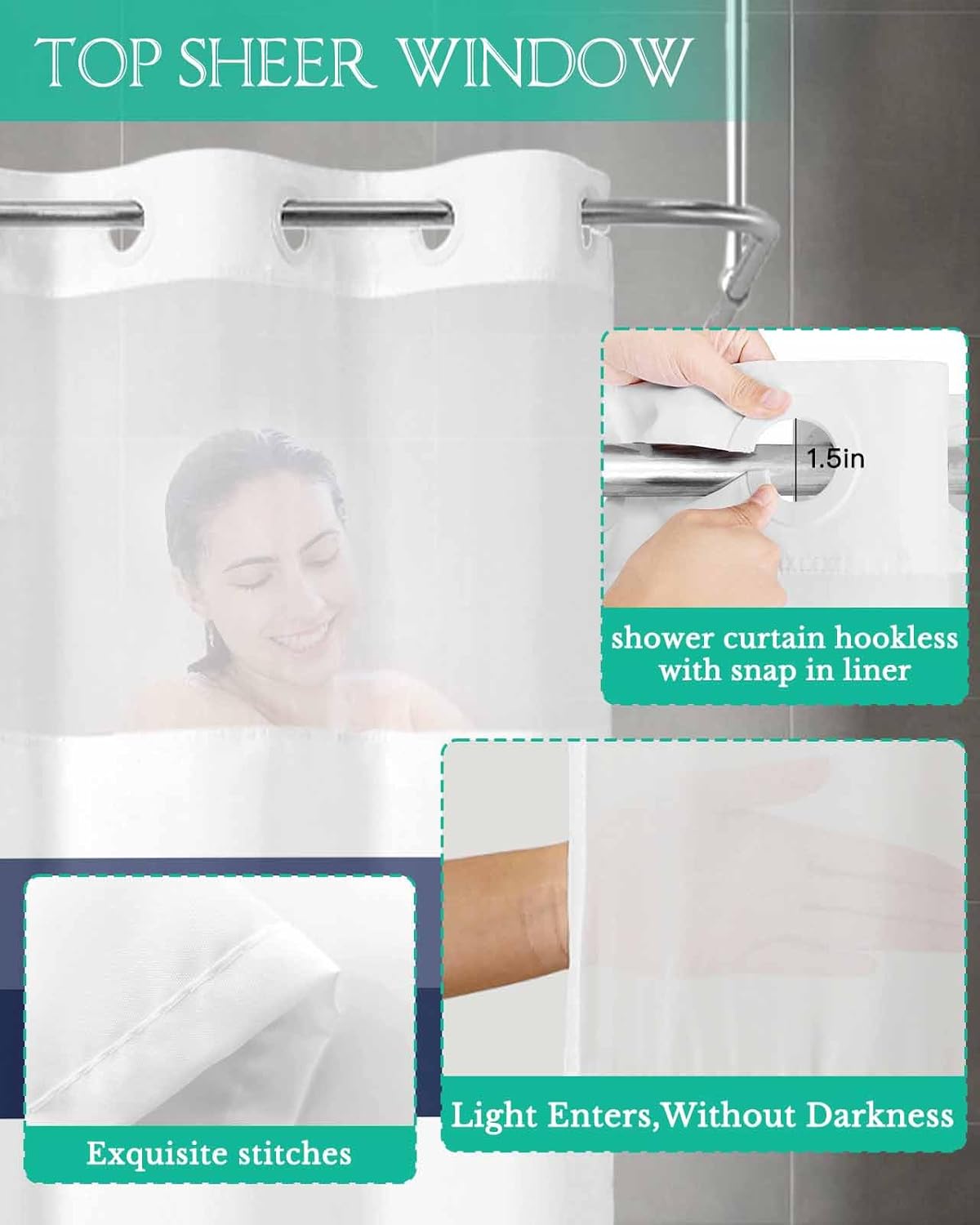 Stripe White Navy Blue No Hook Shower Curtain with Snap in Liner Waterproof Fabric Shower Curtain Set for Bathroom Modern Geometric Texture Shower Curtain with See Through Top Window 72"x72"