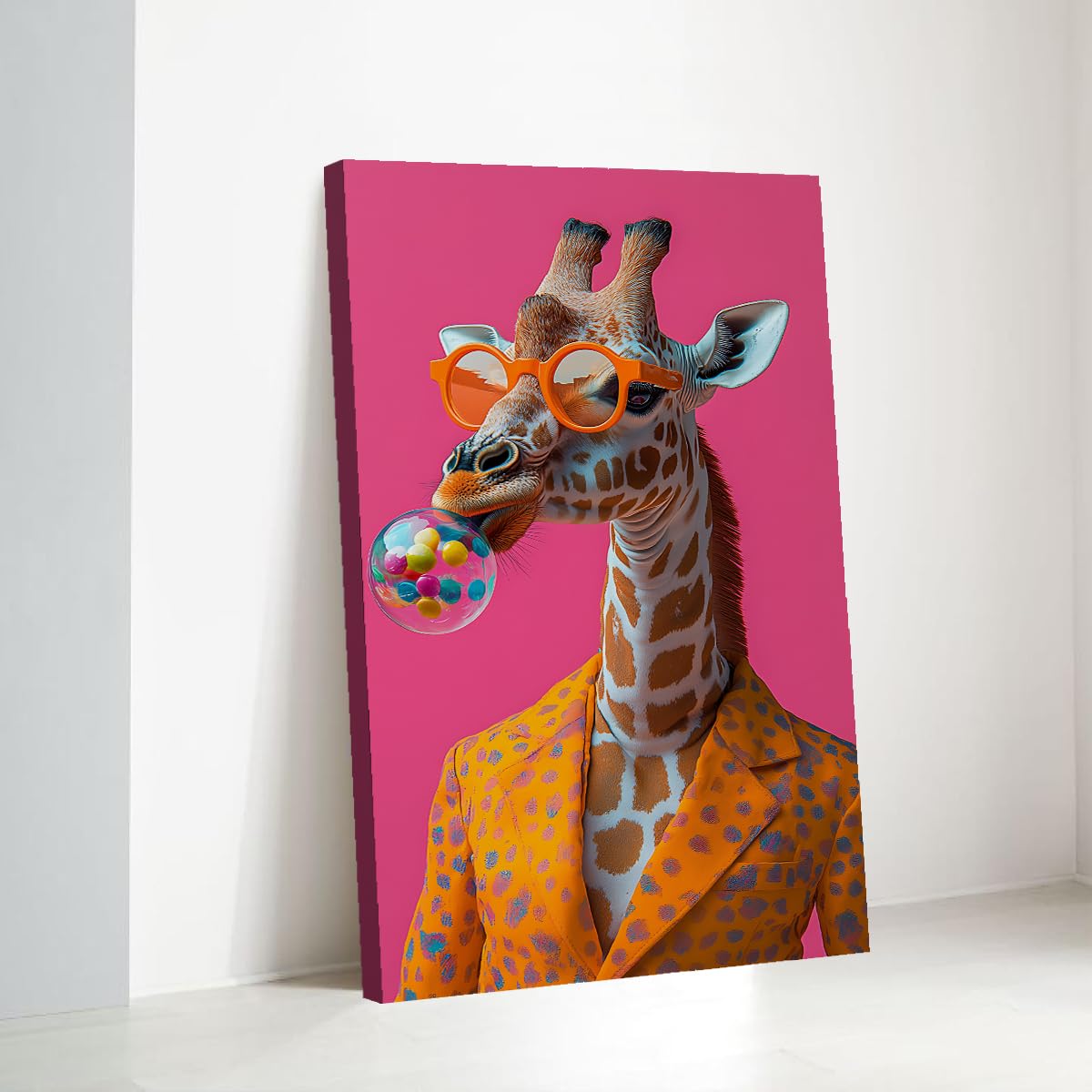 CHERHERART Pop Art żyrafa pomarańczowy kostium na płótnie surrealistyczne zdjęcie śmieszne zwierzęta plakat ścienny do biura jadalnia dekoracja różowy pomarańczowy płótno 78 x 140 cm bez ramki