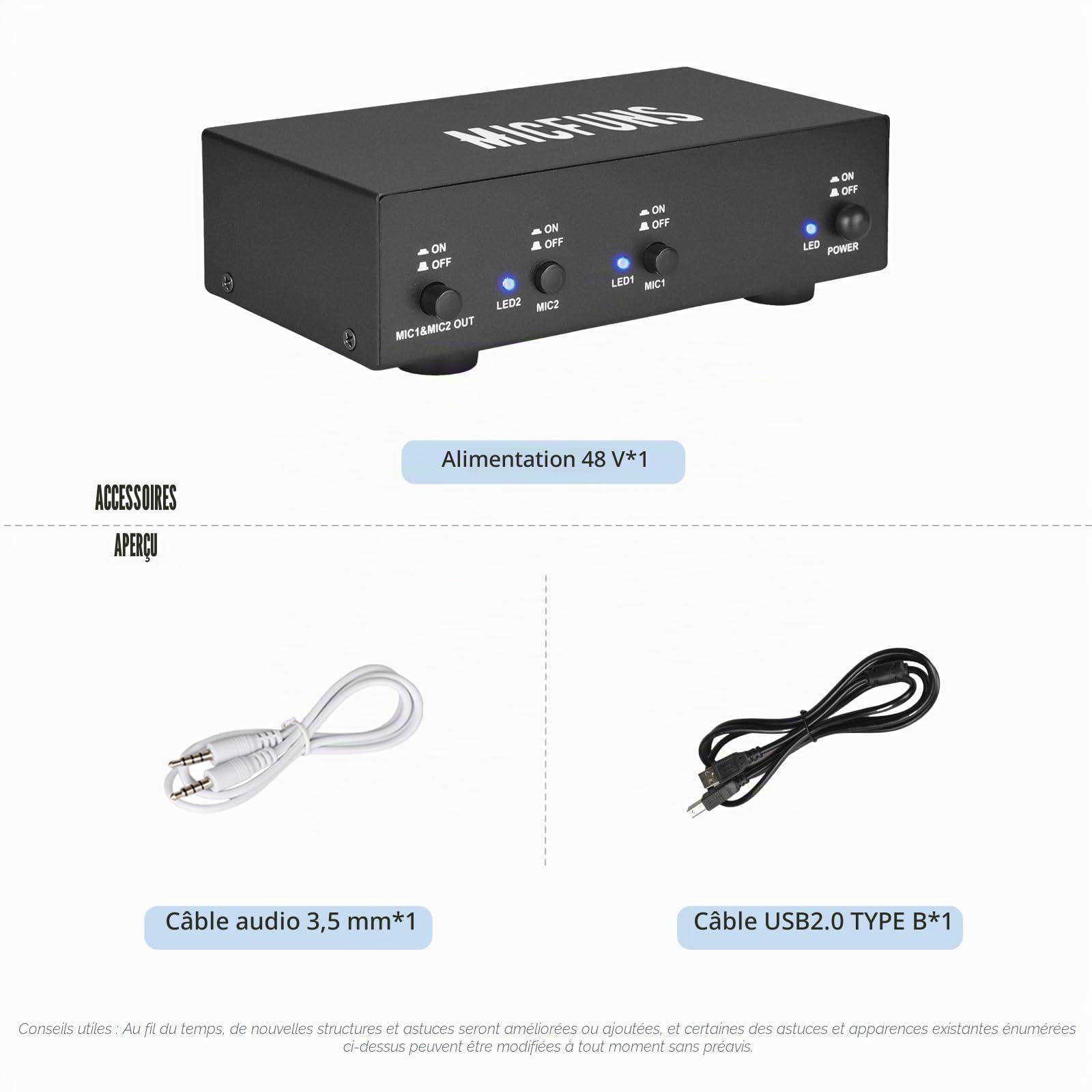 MC2 Alimentation fantôme 2 canaux 48 V avec câble audio 3,5 mm pour connecter une interface audio pour microphones à condensateur et appareils d'enregistrement de musique (2 canaux)