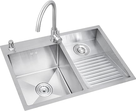 Stainless Steel Kitchen Sink with Faucet Laundry Utility Sink With Washboard Household Pool Balcony Room Wash Basin Easy Clean Double-Bowl, 700mm/27.5Inch