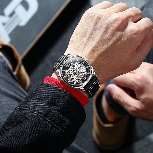 Miniatura 3 de OLEVS Relojes de esqueleto para hombre, reloj clásico de muñeca pequeña con esfera de diamante automático, reloj Tonneau impermeable retro cómodo