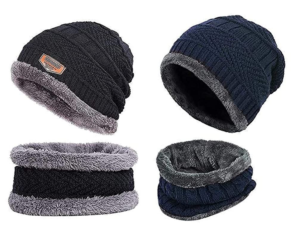 2 Pairs Men's & Women's Snow Proof,Inside Fur, Warm Woolen Cap with Neck Muffler/Neck Warmer/Scarf for Winters - Free Size (Black and Blue)(Unisex Beanie Cap with Neck Warmer Set-0014)-image-6