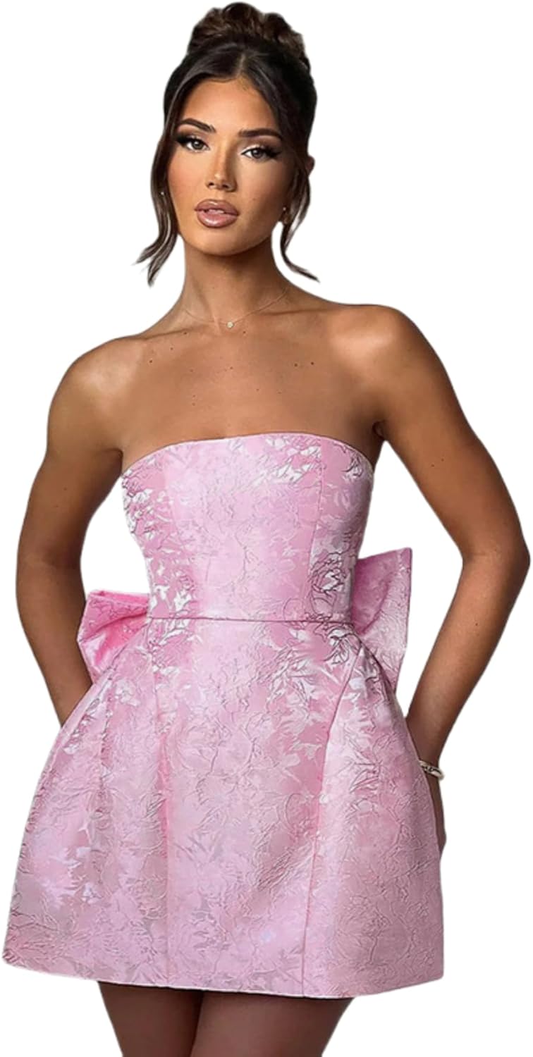 ZGMYC Jacquard Satin Homecoming Dress with Bow Elegant Strapless Mini Dress A Line Short Prom Dresses Party Gown - Image 4