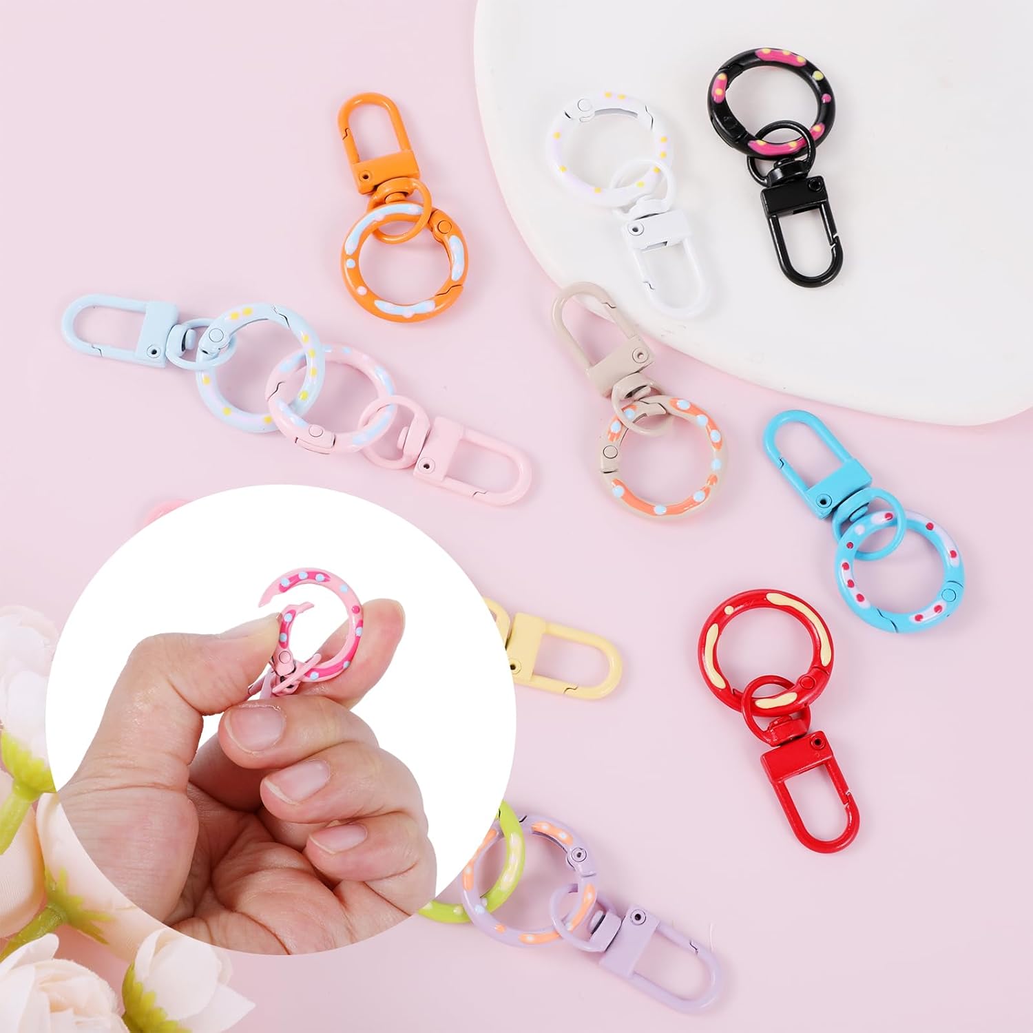 12 PCS Colorful Keychains Clasps O Ring, Cute Keychain Lobster Clasp with O Ring Clip, Lobster Clasp Keychain for Buckle, Bags, Purses, DIY Craft - Image 3