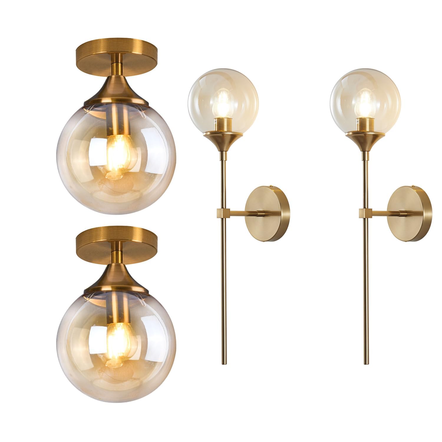 Mid-Century Globe Ceiling Light, Brass Finish, Amber Glass, 15cm | Semi Flush Mount, Set of 2, Wall Sconce Included, E27 Socket, Indoor Lighting-image-11