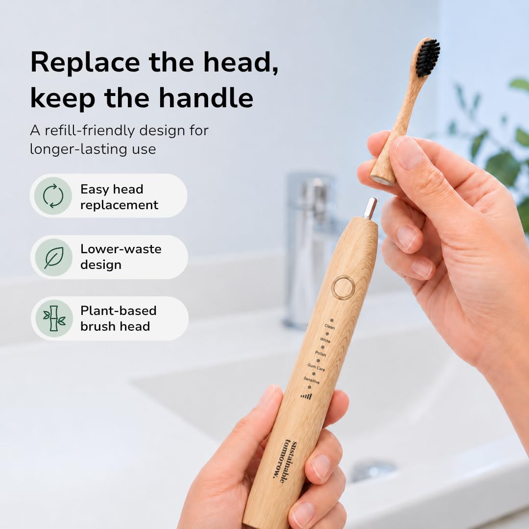 Sustainable Tomorrow Zen Bamboo Spazzolino da denti elettrico per adulti, ricaricabile con setole morbide a base vegetale, teste in bambù, 5 modalità e batteria a lunga durata, regalo di Natale ideale