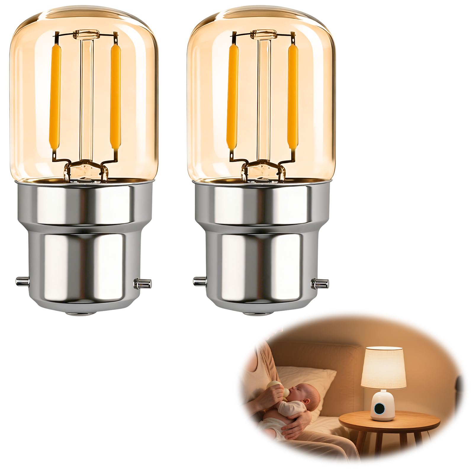 Snugcore 2PCS B22 Pygmy Bayonet LED Light Bulbs, 1W Small Bayonet Bulb Cap BC Clear LED Low Watt Warm White 2700K Amber, T28 B22 Bayonet Light Bulb for Sewing Machine, Appliance Lamps, Night Light