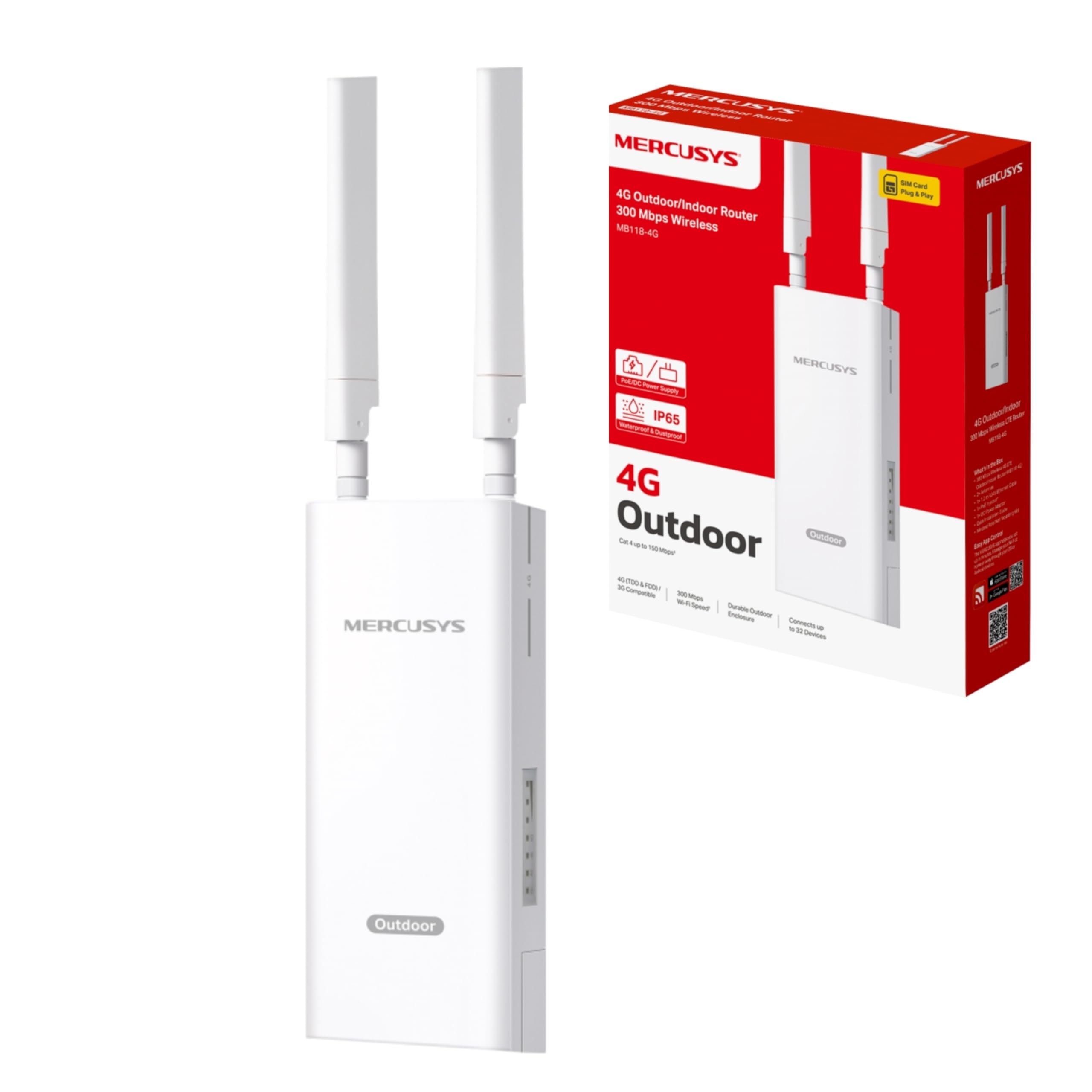 MERCUSYS MB118-4G Routeur WiFi avec Sim d'extérieur, 4G CAT4 LTE N300Mbps, 2 antennes LTE Amovibles, Port LAN, Alimentation PoE/DC, Montage sur Poteau, Mur et fenêtre, SMS, Application, Plug&Play