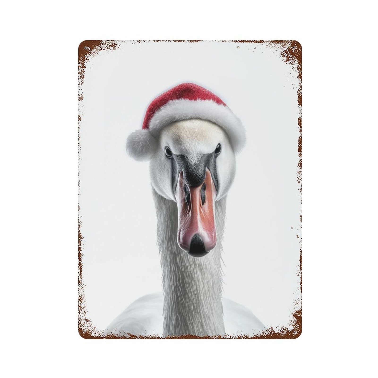 Swan Wearing Santa Hat Rusty Metal Tin Sign 15.7"x11.8", Industrial Home Decor for Garage, Pub Or Kitchen