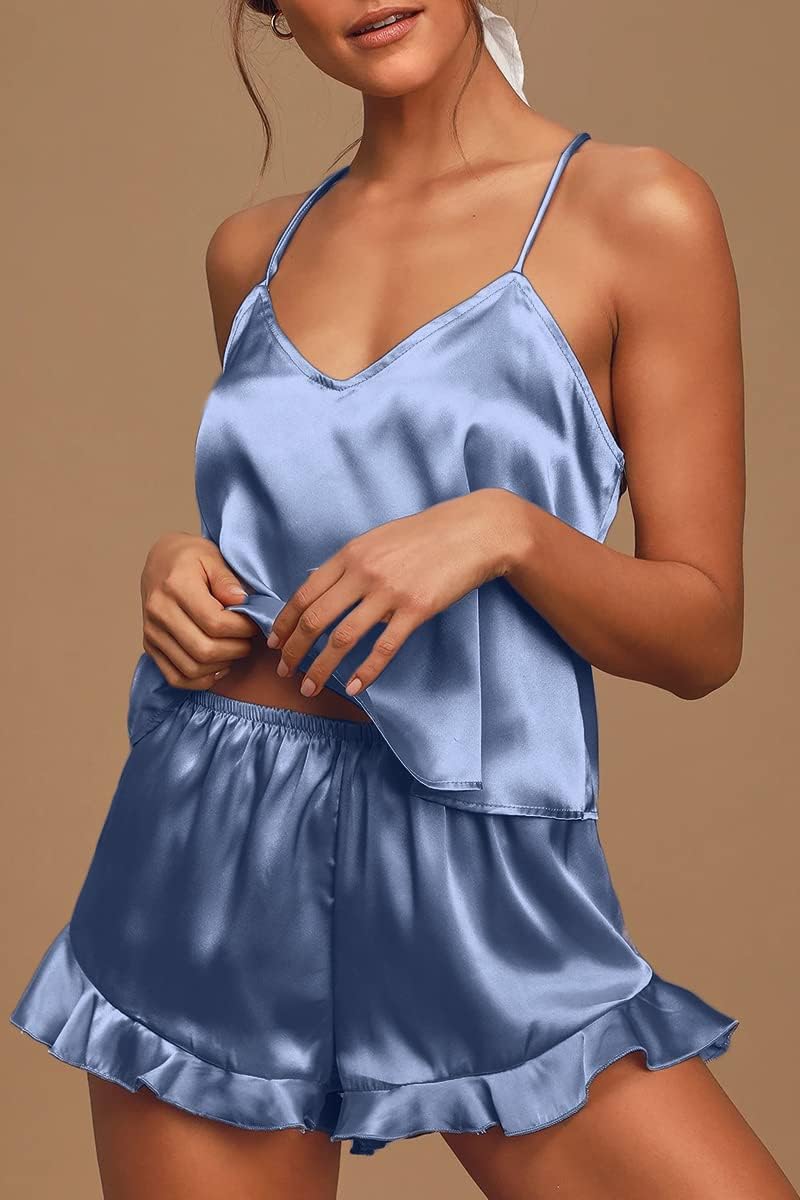 CHYRII Women's Sexy Silk Satin Ruffled Pajamas Sets Cami Shorts Sets Sleepwear - Image 3