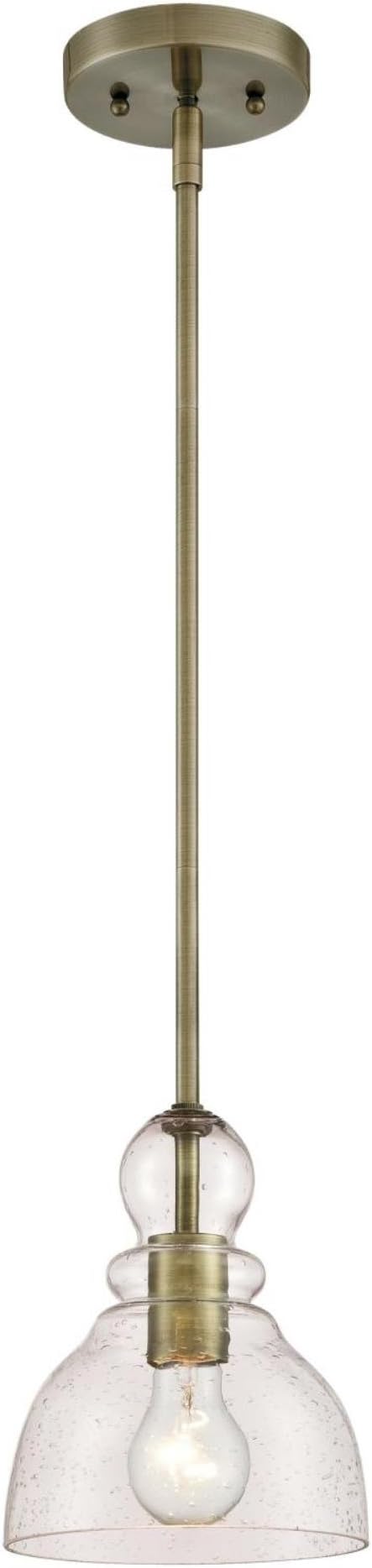 6356500 Adjustable Indoor Mini-Pendant Light, Antique Brass Finish with Handblown Clear Seeded Glass