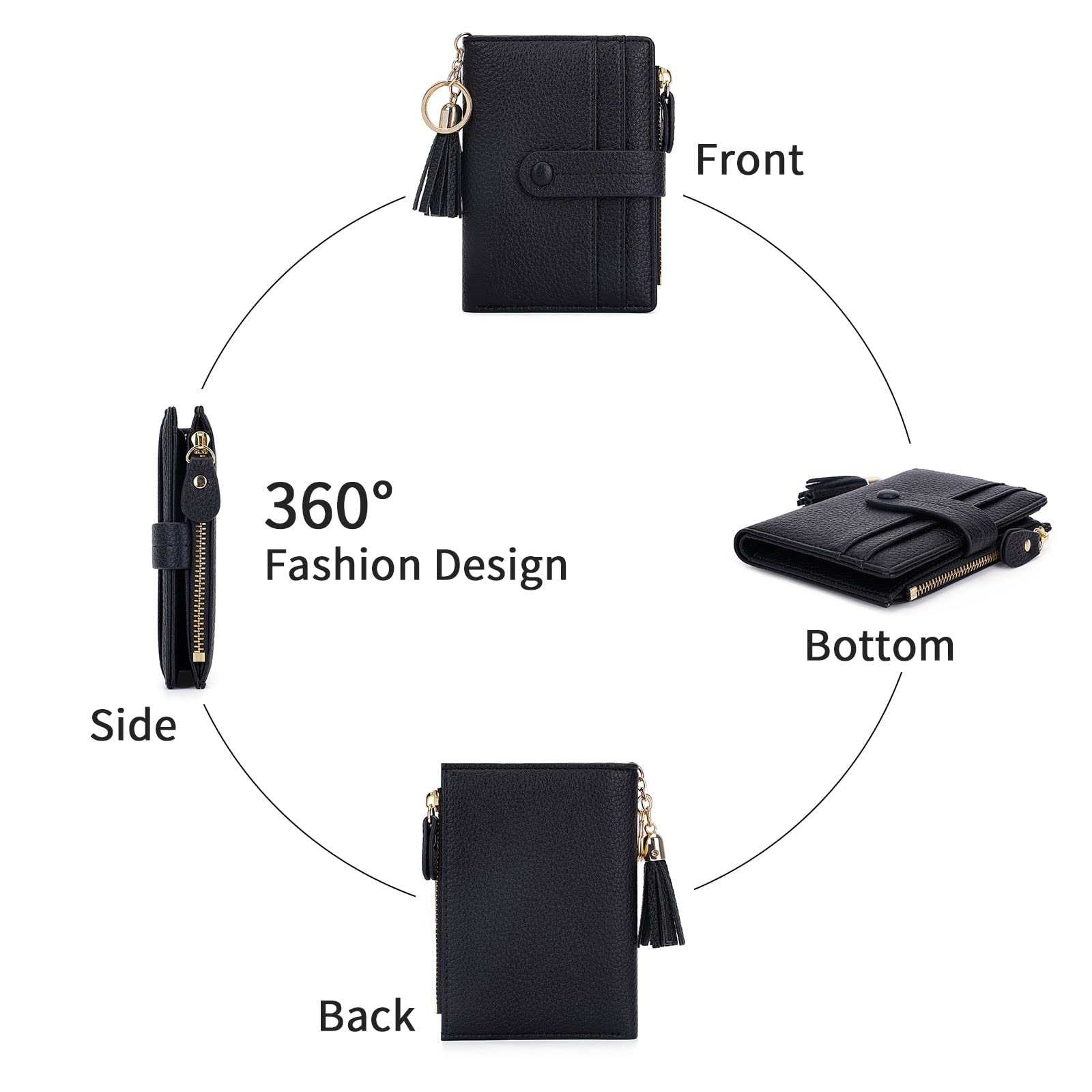 HKCLUF Portafoglio Piccolo da Donna, Porta Carte Blocco RFID Portamonete Pelle con Nappa Portafogli Cerniera Molti Scomparti(B01-Nero)