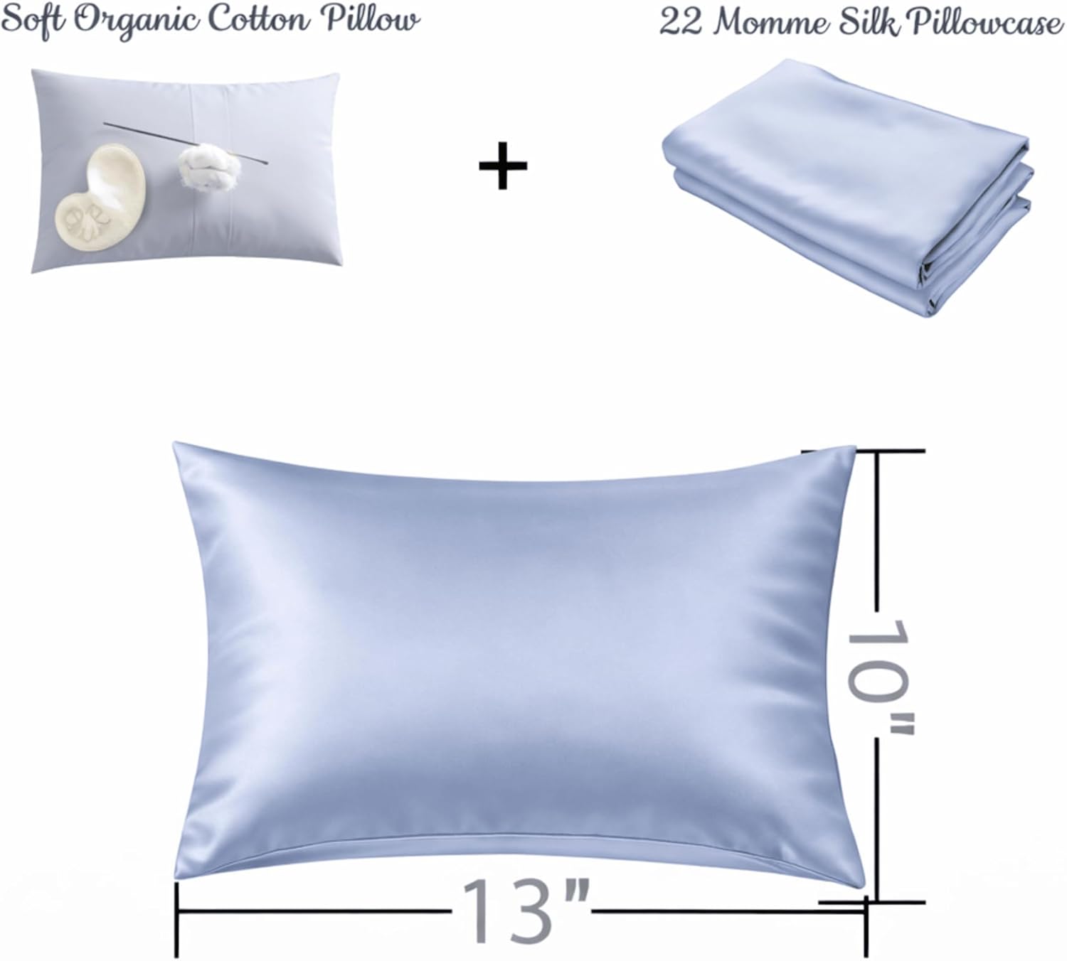 ROSEWARD 100% 22 Momme Mulberry Silk Small Pillow 10"x 13" Made in USA, Organic Cotton Fill, Travel Size Mini Nap Pillow with Silk Pillow Case, Soft Tiny Little Pillow, Hypoallergenic (Blue Grey)