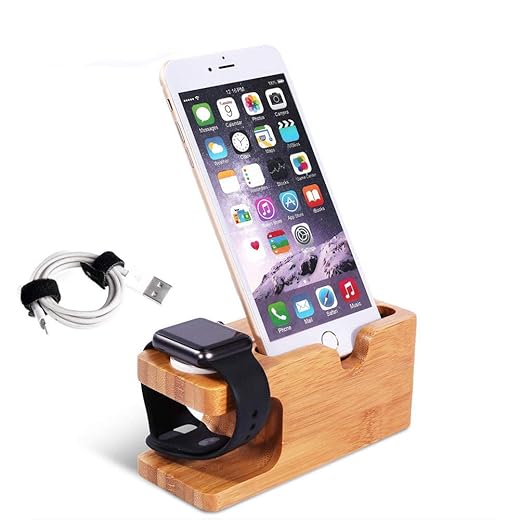 Apple Watch Phone Bambus Stand Holz Aufladen Docking Station Kompatibel mit iWatch 7/6/5/4/3 und Phone 15 14 13 12 11 Pro XS X i8
