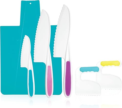 TOVLA JR. Juego de regalo de corte para niños: 3 cuchillos de cocina seguros para niños, tabla de cortar plegable y 2 picadores aptos para niños.