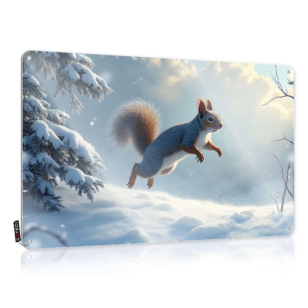 Tin Plate Sign Room Decor Cowboy Men Witchy Feminist Indoor Outdoor Metal | Guard Humorous Warning A Squirrel Leaps Through Snowy Winter Landscape. / Vintage Wall For