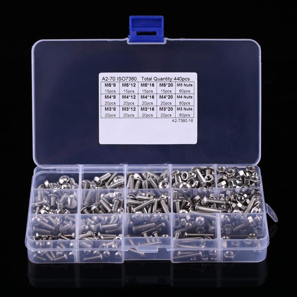 Nägel und Schrauben Kit 440 stücke M3 M4 M5 304 Edelstahl Sechskant-Buchse-Taste Kopfkappe Reparaturschrauben und Nüsse Sechskantschrauben Sortiment Kit Haushaltswerkzeug-Set Repair Tool Set für Zuhau