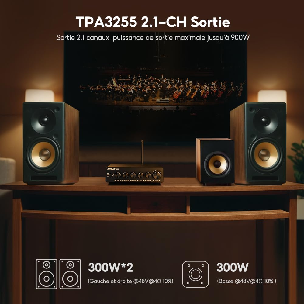 AIYIMA B07 amplificateur Bluetooth 5.2 TPA3255 2.1 canaux Caisson de Basses 300Wx2 + 300W pour Haut-parleurs de bibliothèque de Bureau à Domicile caissons de Basses avec Alimentation auxiliaire