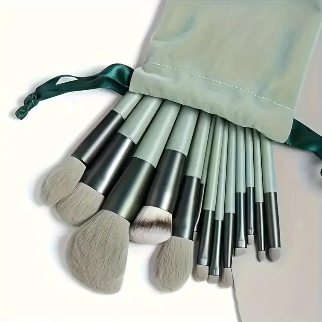 13 Professional Makeup Brushes, Oval Shape, Perfect for Foundation Eyebrow, Blending, Eye Shadow Powder, Greenery - Image 2
