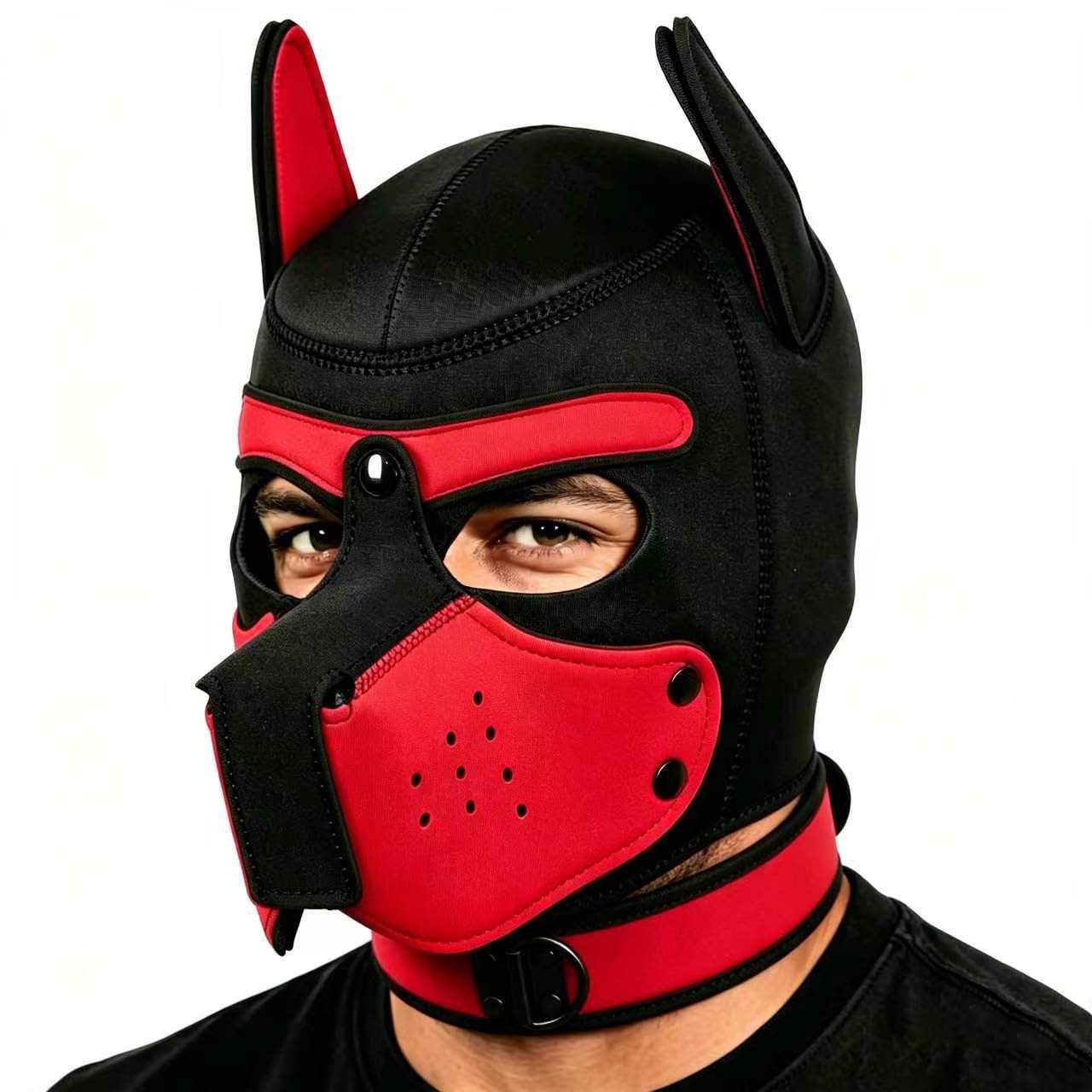 Pup Mask with Collar, Pup Hood, Removable Dog Full Face Puppy Play Hood (Red)