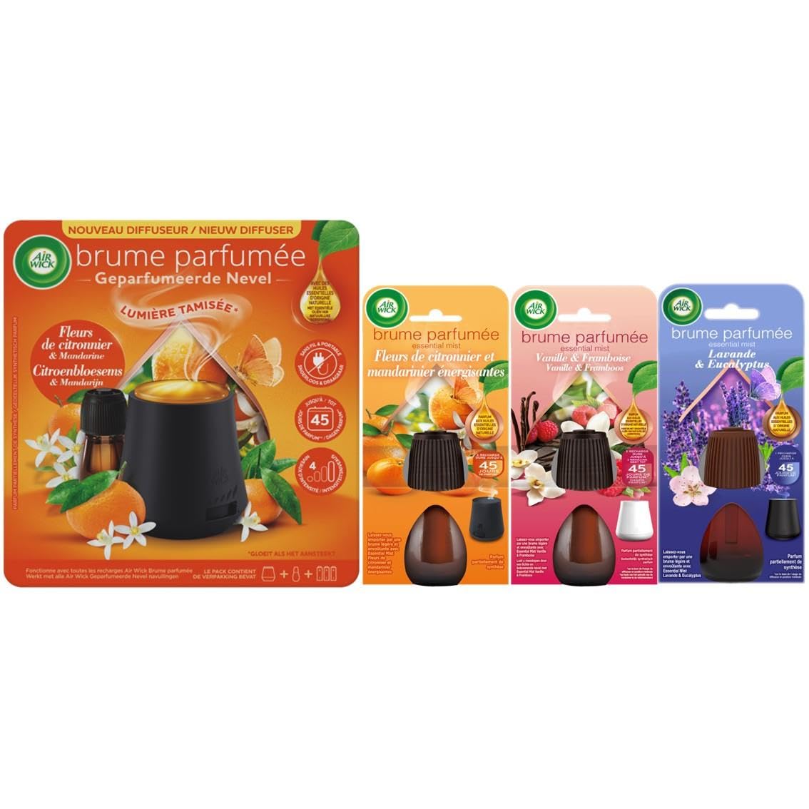 Air Wick Duftspray, Duftspender, Zitronenblüte, 20 ml + 3 Nachfüllpackungen: Zitronenblüte + Vanille und Himbeere + Lavendel und Eukalyptus