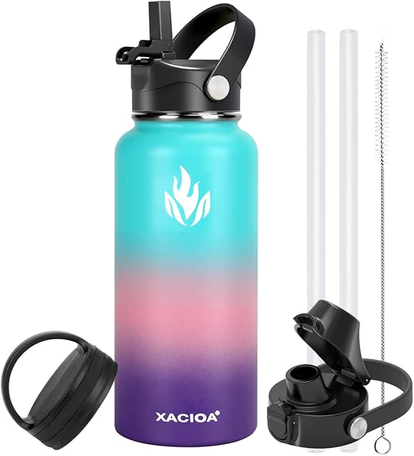 XACIOA Vacuum Insulated Water Bottle 946ml/32oz with Straw Lid,Stainless Steel Flask Thermos with Flip Top Lid,Wide Mouth Double Walled Leak Proof Keeps Hot and Cold