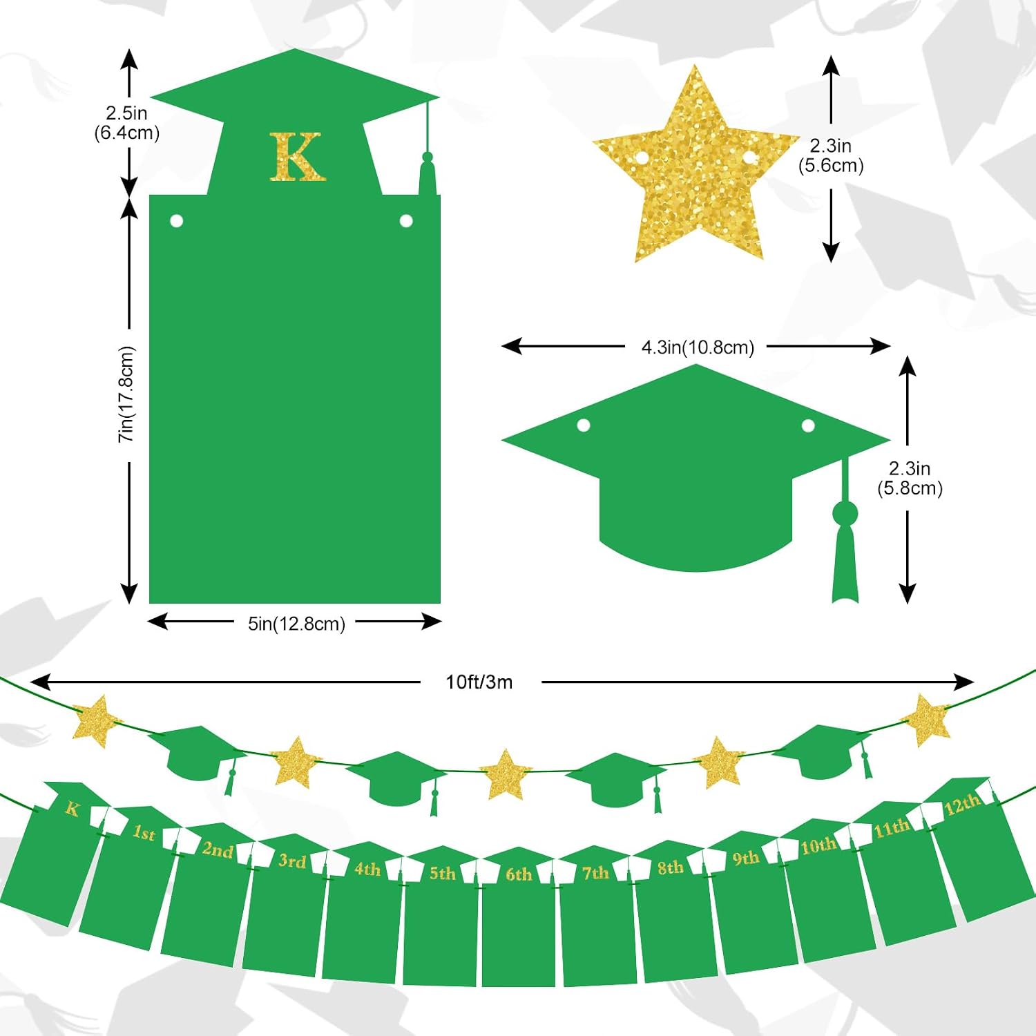 Whaline 2Pcs Graduation Photo Banner, 2026 Congrats Grad Banner, No DIY Require Hanging Bunting, Kindergarten to 12th Grade Picture Garland, Green Gold Glitter Banners for Grad Party Decor, 5 x 7 inch