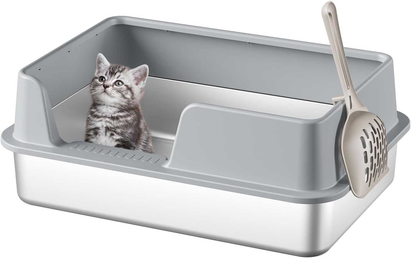 Stainless Steel Cat Litter Box, Metal Kitty Litter Box for Small Cats, Non-Stick Grey