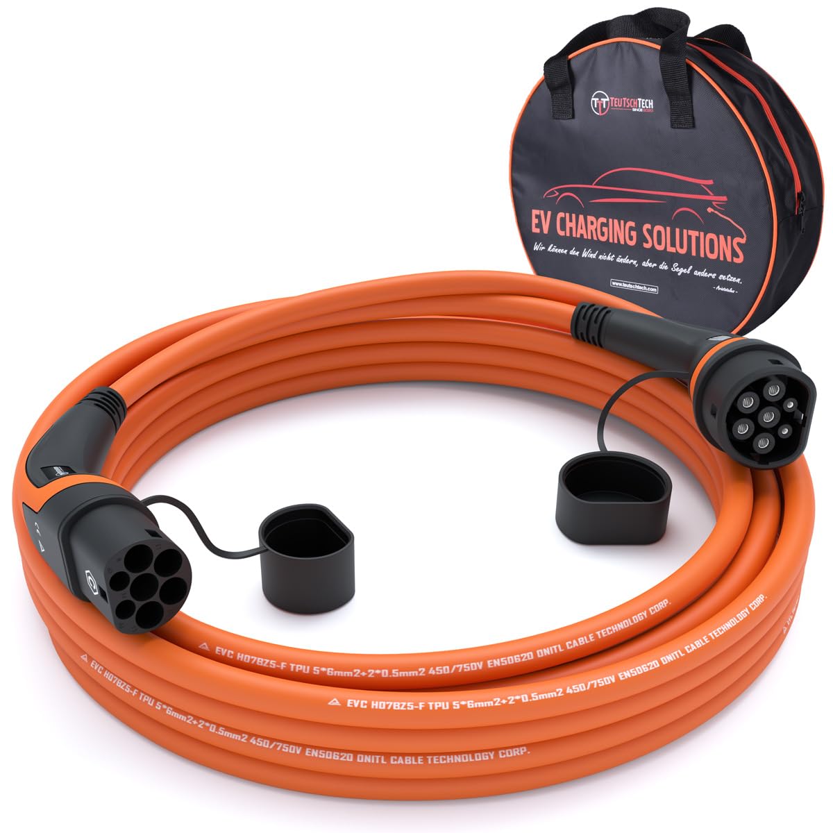 TEUTSCHTECH, cavo di ricarica tipo 2 per auto elettrica o PHEV | 22 kW | 3 fasi 32 A | Modalità 3 | 15 m | Tipo 2 a tipo 2 | Monitorato della temperatura | Ricarica sicura | Arancione