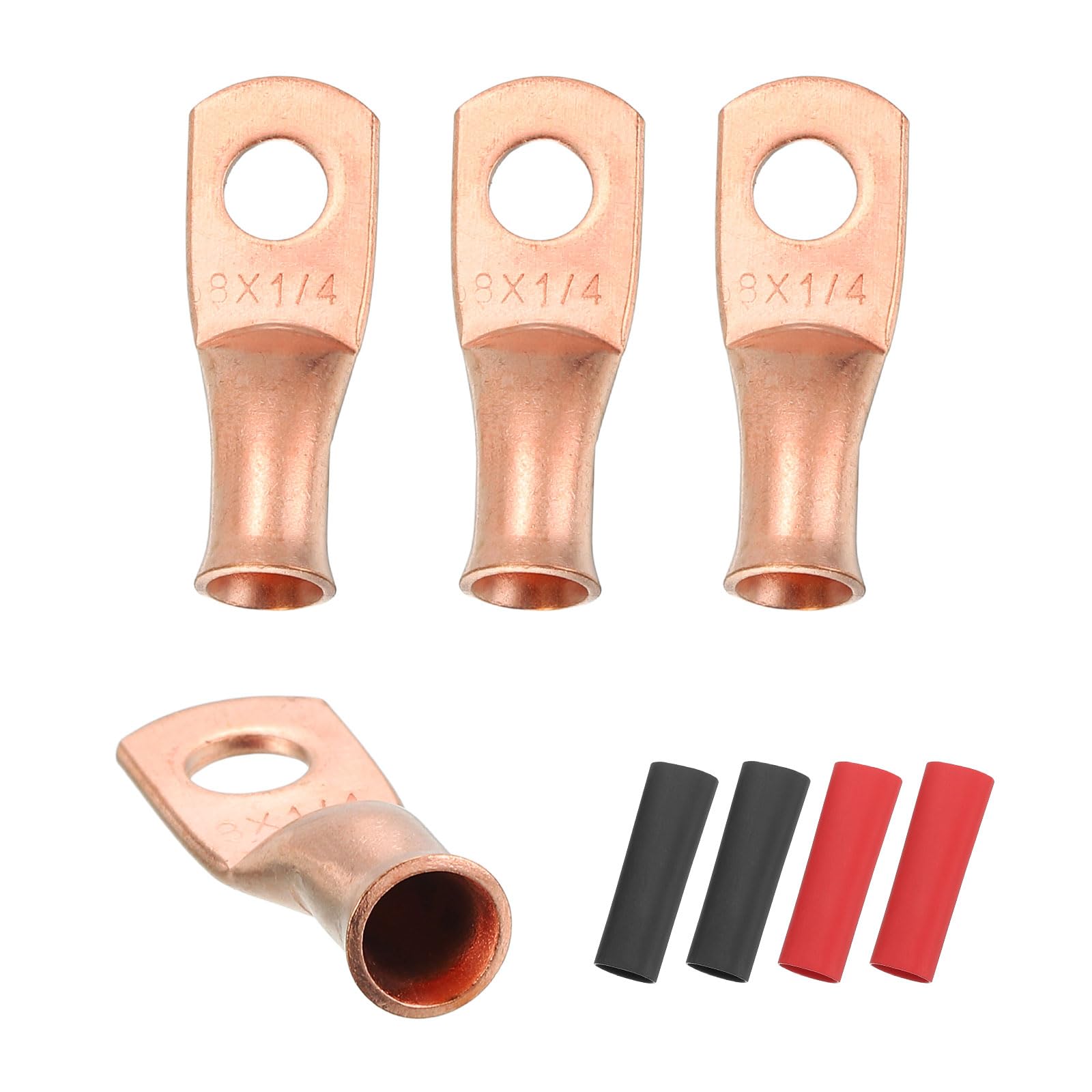 sourcing map 4pcs 8 AWG M6 Battery Lugs Ring Terminals, 1/4" 6mm Stud Crimp Wire Terminal Connector End Copper, 3:1 Heat Shrink Tubing, Gold