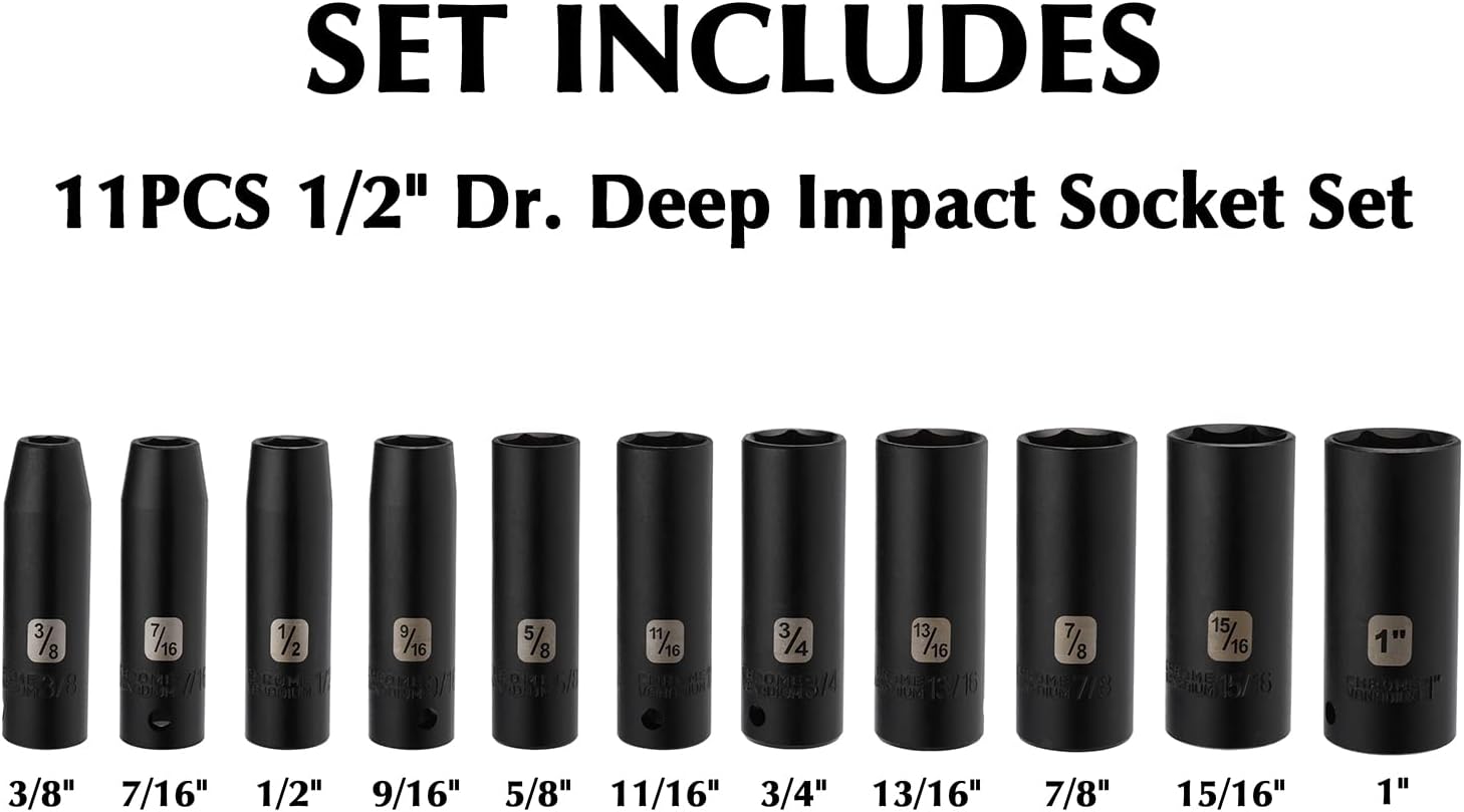 EMENTOL 11PCS 1/2" Drive Deep Impact Socket Set, 6-Point, CR-V, 11 Pieces 1/2-Inch SAE Sockets, 3/8 Inch - 1 Inch