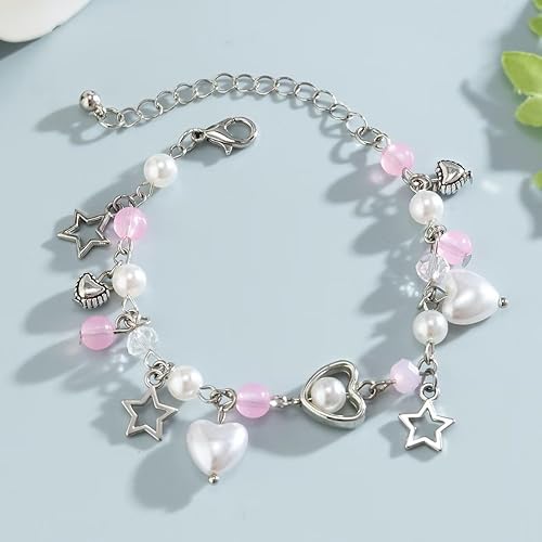 Miniatura 6 de Y2k - Pulsera de estrella para mujeres, adolescentes y niñas, con dije de corazón rosa, estética, delicada, ajustable, gótica, punk, resina fresca,