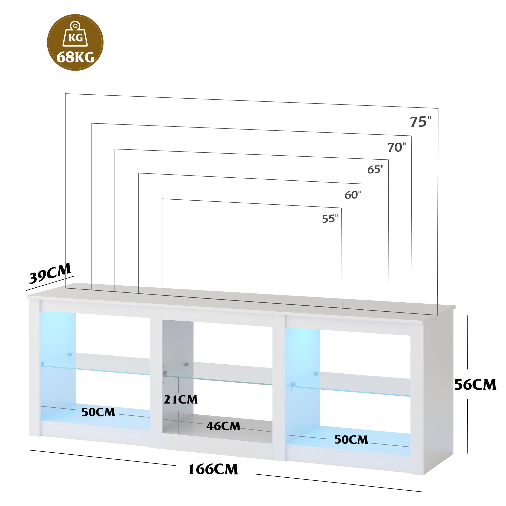 WLIVE Mobile TV LED 166 cm, Lowboard Bianco con Illuminazione a 22 Modalità e Scomparti Aperti, Porta TV per Televisori fino a 75 Pollici, Mobiletto con Ripiani in Vetro Regolabili per Soggiorno