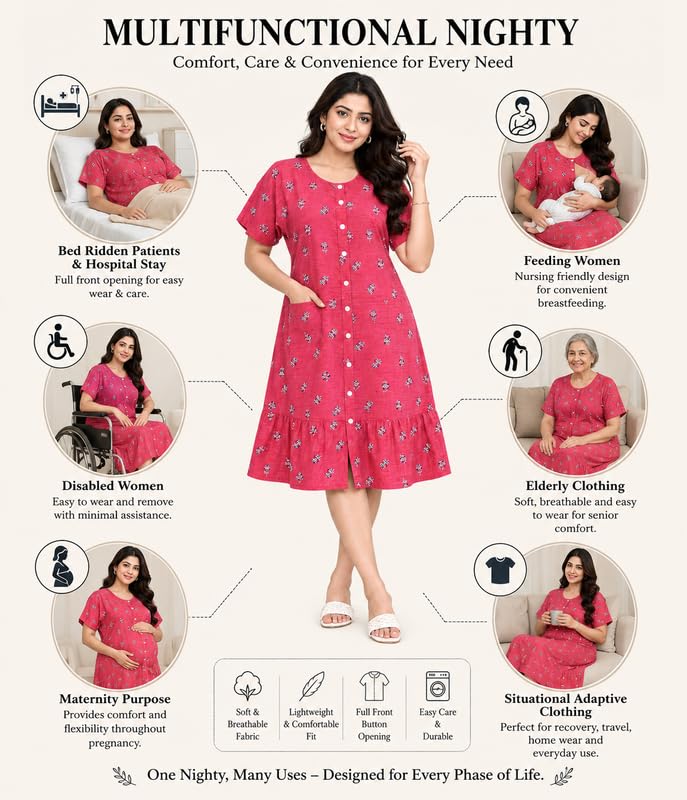 Image of MENMAII Women's [L-4XL] Full Open /Front Buttoned [a Kind of Adaptive Clothing] Multipurpose Nighty for Maternity /Pregnancy /Elderly /Patient /Feeding /Hospital Purpose Nighty