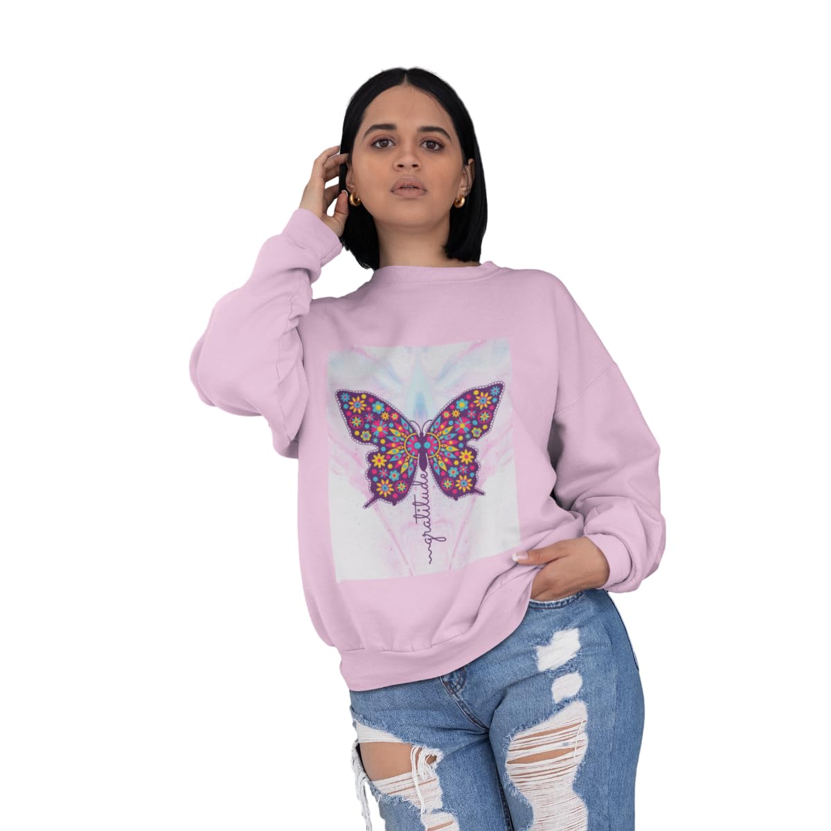 custom Women Sweatshirt | 300 GSM Cotton Fleece | Roudneck | Pullover | Pink | Lavender| Long Sleeve Top | Butterfly | Sweatshirts for Women-picture-35