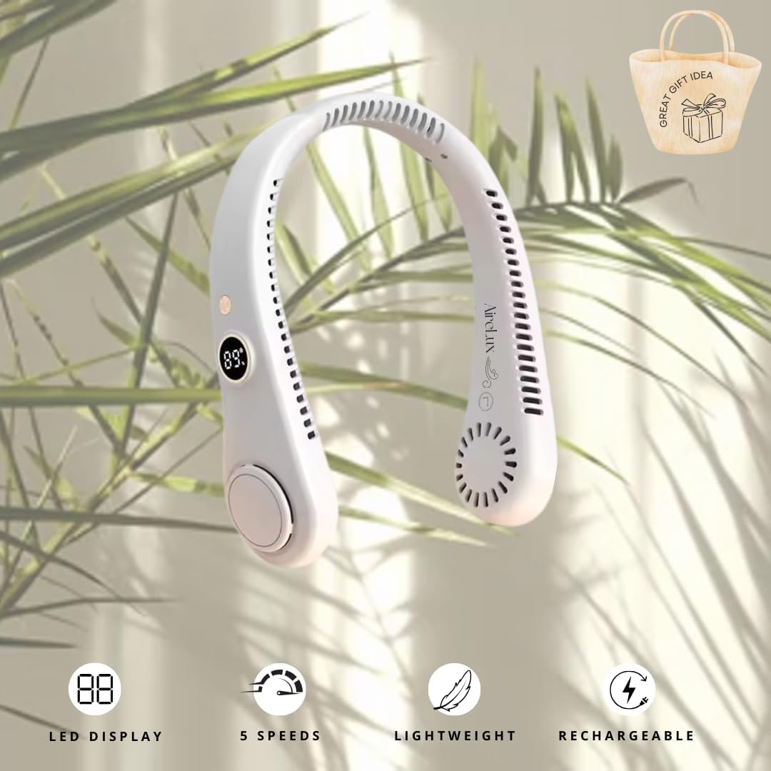 Cooling Neck Fan, 5-Speed, USB Rechargeable Bladeless Hands-Free Portable Lightweight Quiet LED Display Indoor Outdoor Birthday Xmas Gift Men Women Summer Travel (Classic White)