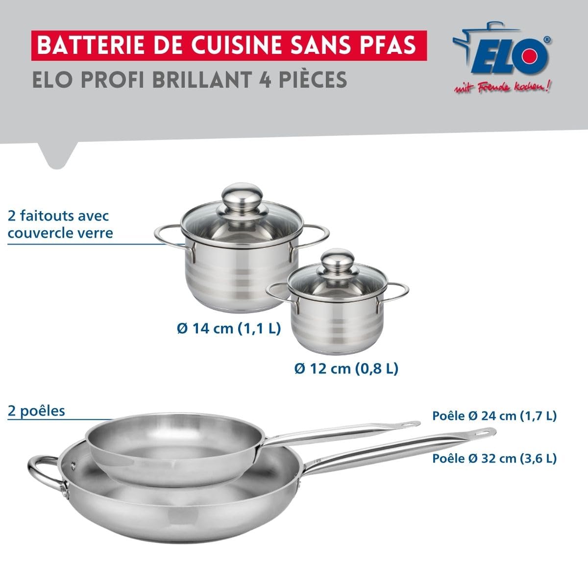 Elo Batterie cuisine 2 poêles 24/32 cm et 2 faitouts 12/14 cm