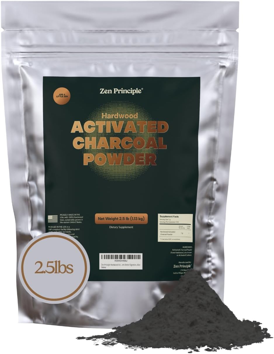 Zen Principle Hardwood Activated Charcoal Powder 100 Percent from USA Trees. All Natural. Whitens Teeth, Rejuvenates Skin and Hair, Supports Better Digestion, 40 Oz
