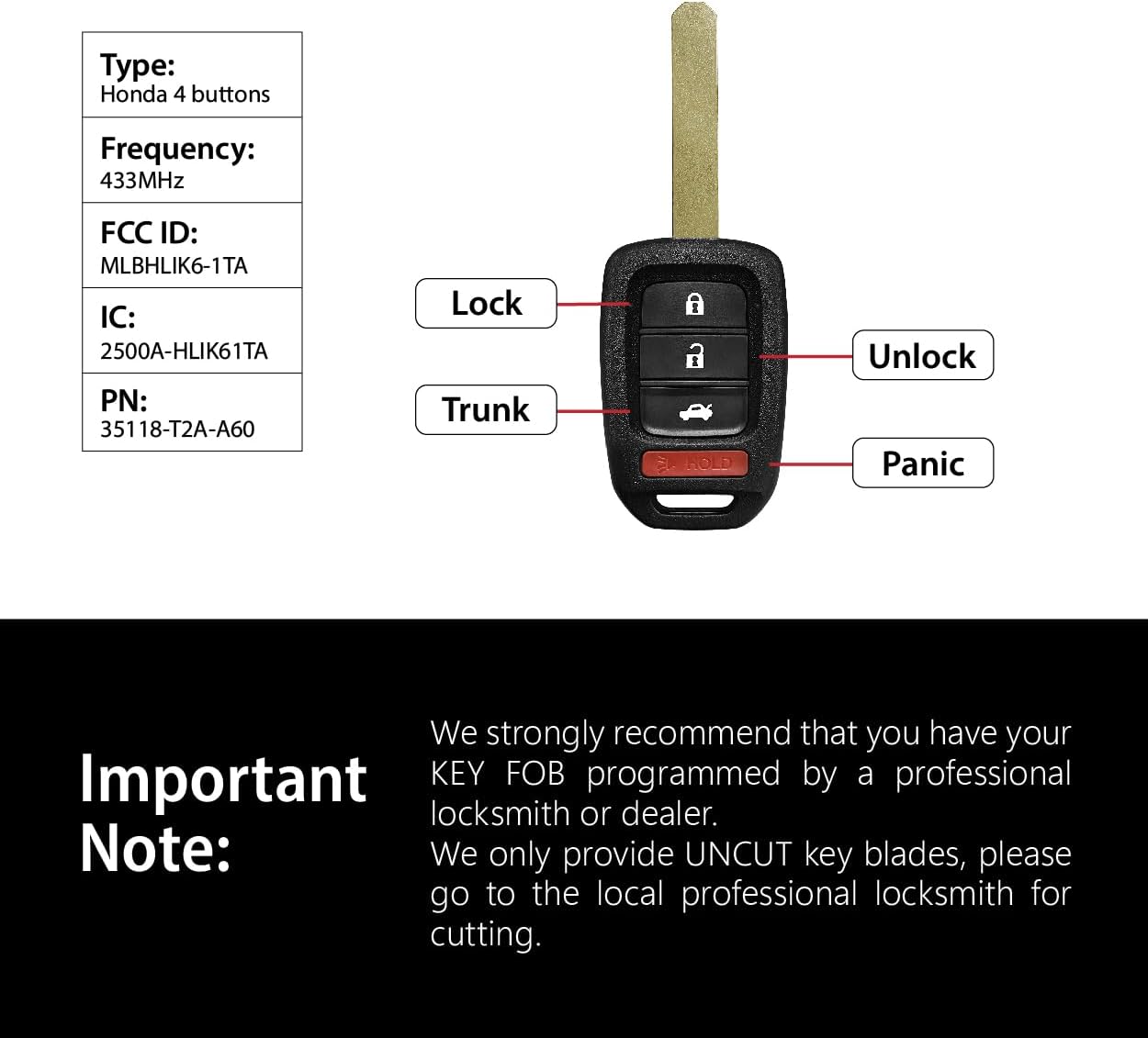 2 Keylessbest Replacement for 2016 2017 2018 2019 2020 Honda Accord LX LXS Sport Civic Key Fob Remote Control MLBHLIK6-1TA 4 Buttons 433MHz