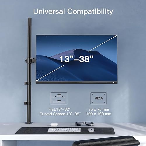 Miniatura 4 de HUANUO Brazo de monitor único con poste extra alto de 39 pulgadas, soporte de escritorio ajustable para pantallas de 13 a 32 pulgadas y pantallas