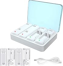 4-in-1 Charging Station 4 Port Charger Dock Box with 4 Rechargeable 2800 mAh Battery + USB Cable Compatible for Wii/Wii U Remote Controller White