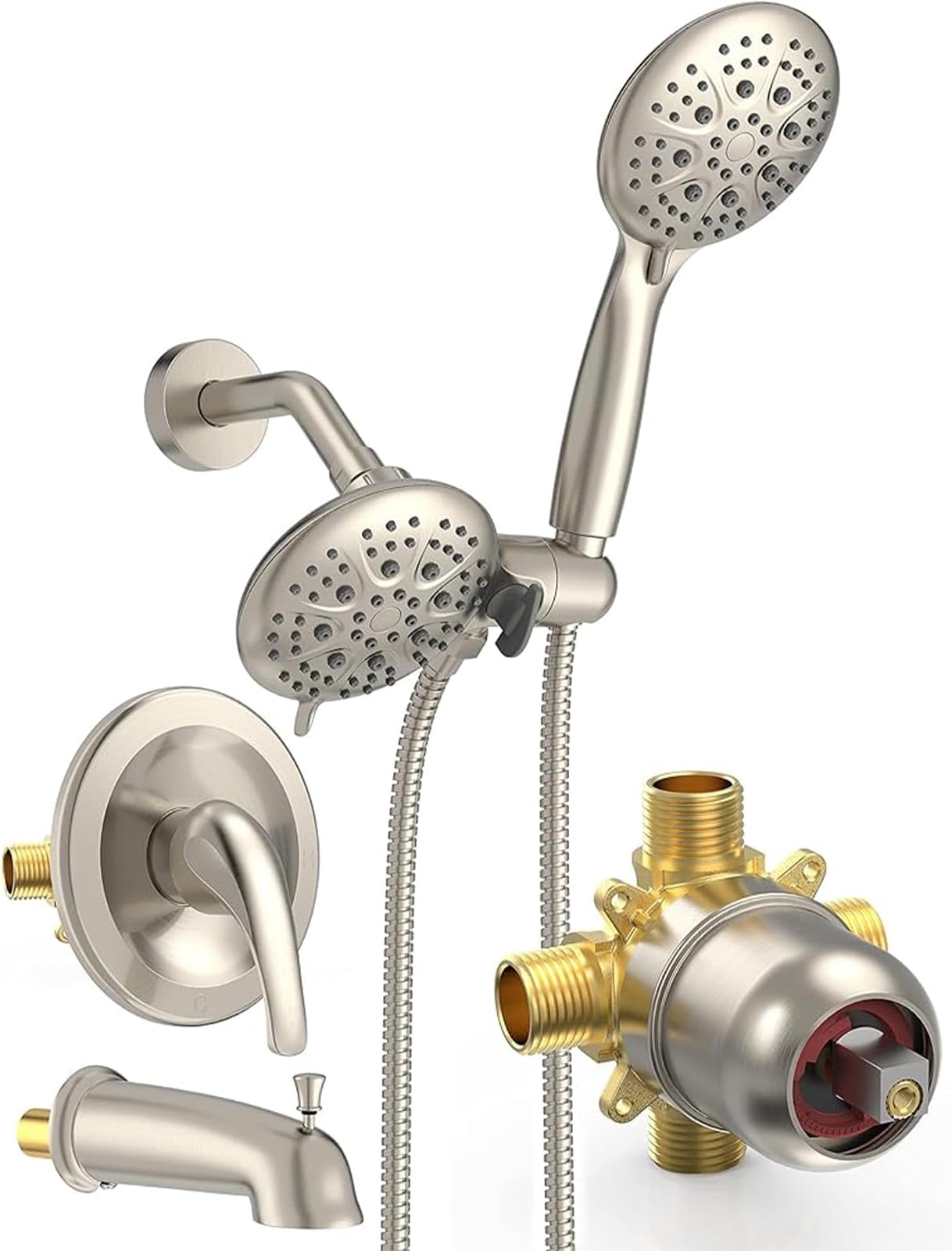 Shower System with Tub Spout Rain Shower Tub Set, High Pressure 35-Function Dual 2-in-1 Shower Combo Faucet with Valve, Patented 3-Way Water Diverter in Brushed Nickel (Valve Included)